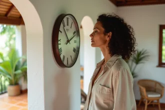Femme regardant une horloge murale dans une maison tropicale à La Réunion pour connaître l'heure locale exacte