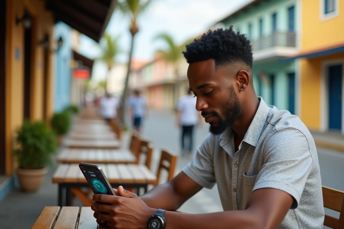 Homme consultant l'heure en direct sur son smartphone à une terrasse de café à Saint-Denis de La Réunion