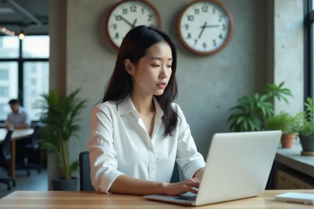 Femme professionnelle comparant deux horloges murales indiquant l'heure à Paris et à Singapour dans un bureau moderne