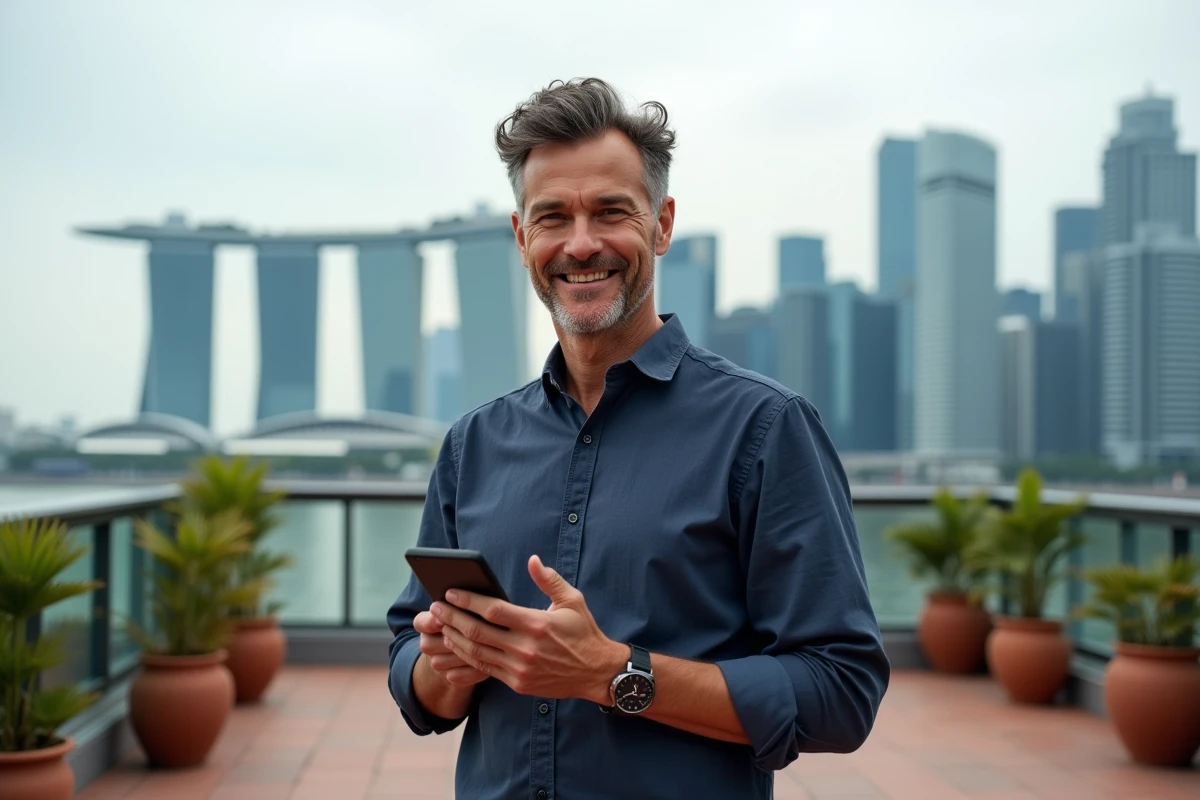 Homme consultant l'heure de Singapour sur son smartphone avec la skyline de Marina Bay en arrière-plan