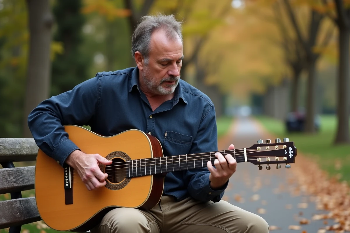 Homme adulte débutant en guitare pratiquant un accord sans barré sur un banc de parc en automne