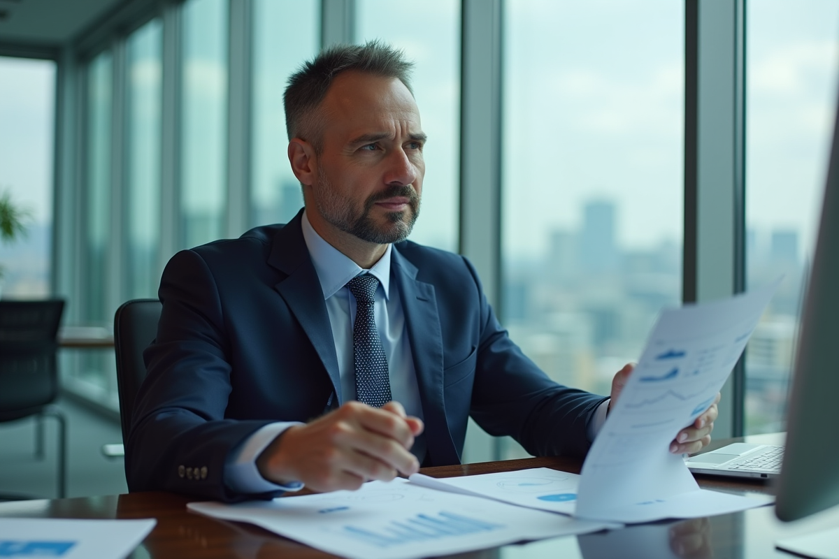 Homme d'affaires en costume regardant des graphiques économiques