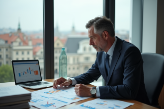 Homme d'affaires en costume analysant des rapports financiers