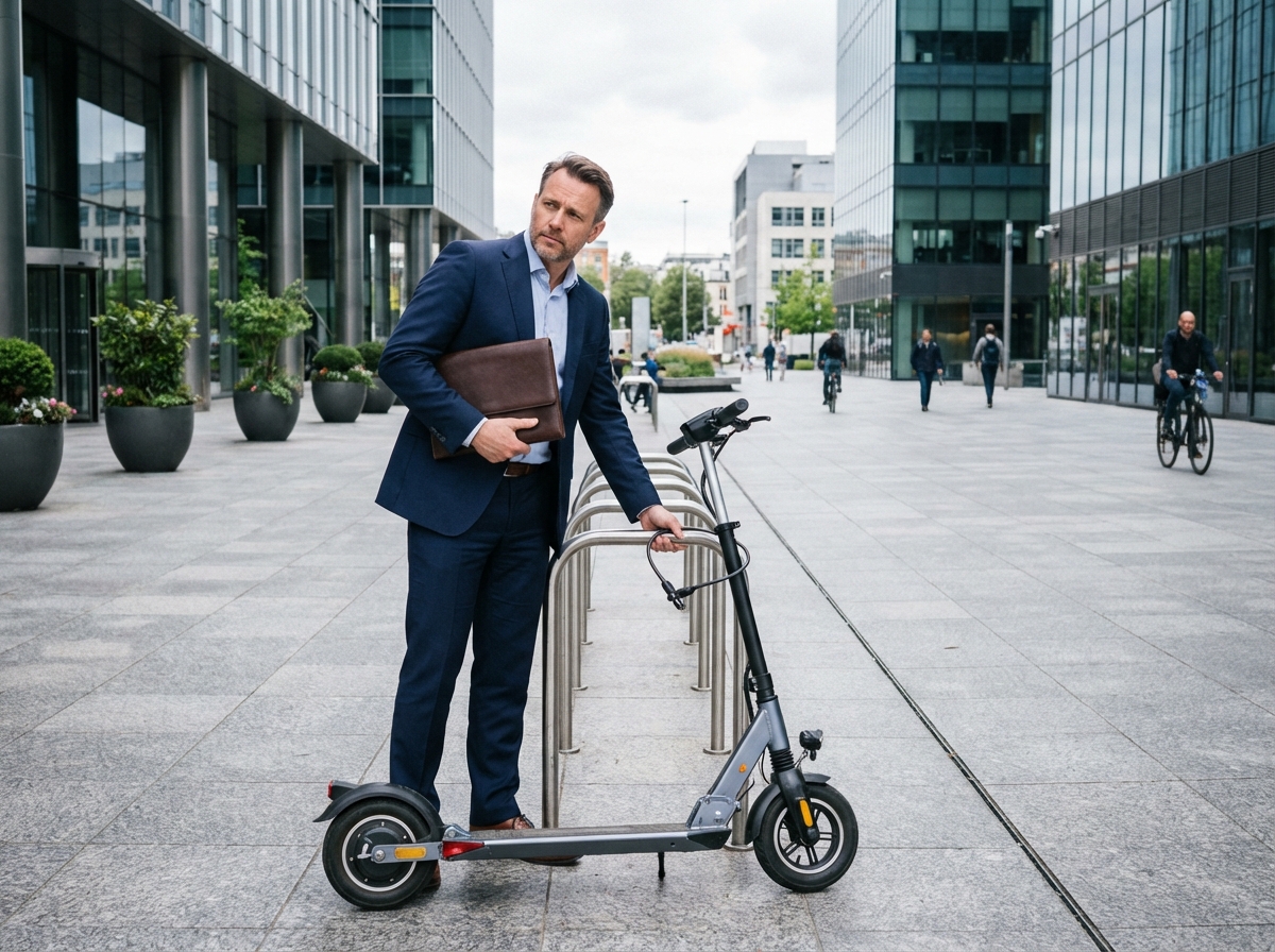 Homme d affaires en costume verrouillant son scooter devant un bâtiment moderne