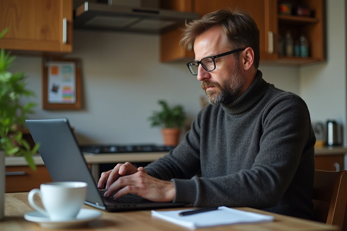 Homme sauvegardant des fichiers de jeux sur une table de cuisine