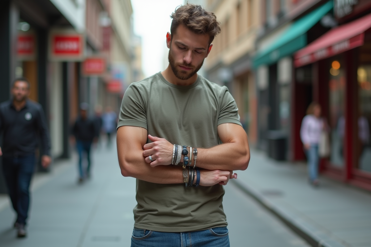 Homme ajustant bracelets dans une rue animée