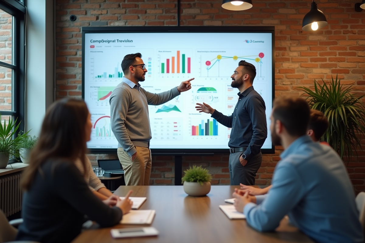 Homme en brainstorming avec tableau interactif et graphiques IA