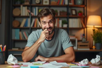 Homme souriant assis à un bureau en bois encombré de notes, mimant une expression comique de réflexion pour inventer des blagues débiles originales