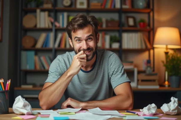 Homme souriant assis à un bureau en bois encombré de notes, mimant une expression comique de réflexion pour inventer des blagues débiles originales