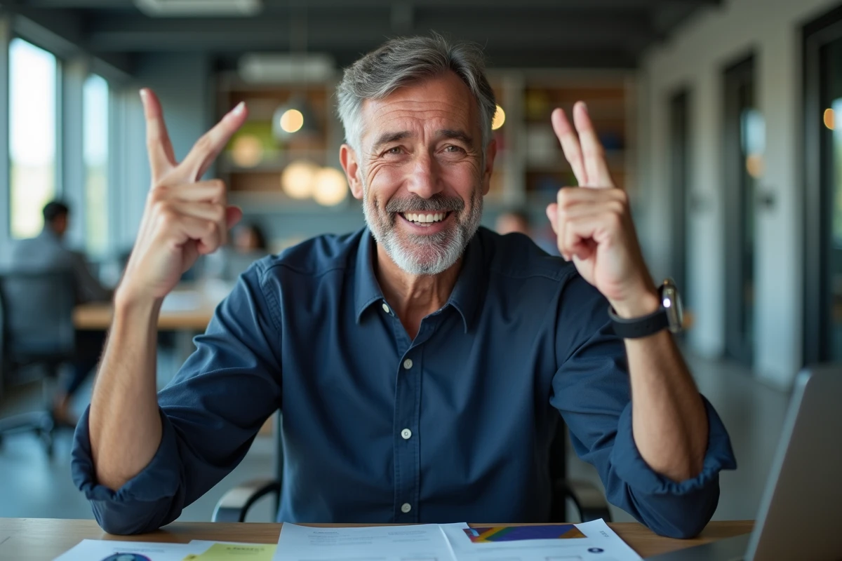 Homme en bureau croisant les doigts des deux mains, illustrant le signe emoji porte-bonheur en contexte professionnel