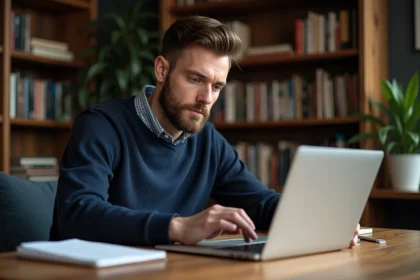 Homme concentré résolvant un puzzle sur son ordinateur
