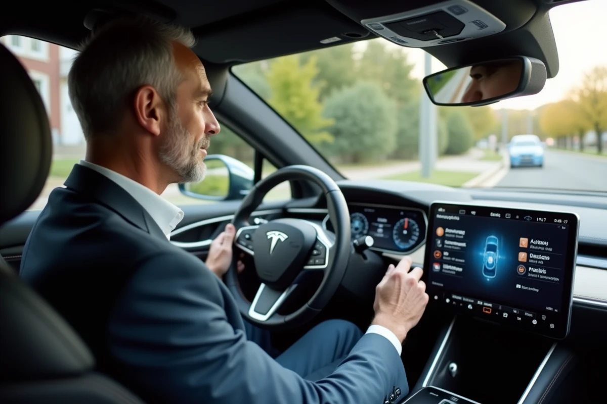 Homme d'âge moyen dans une voiture moderne en interaction avec l'écran autopilot