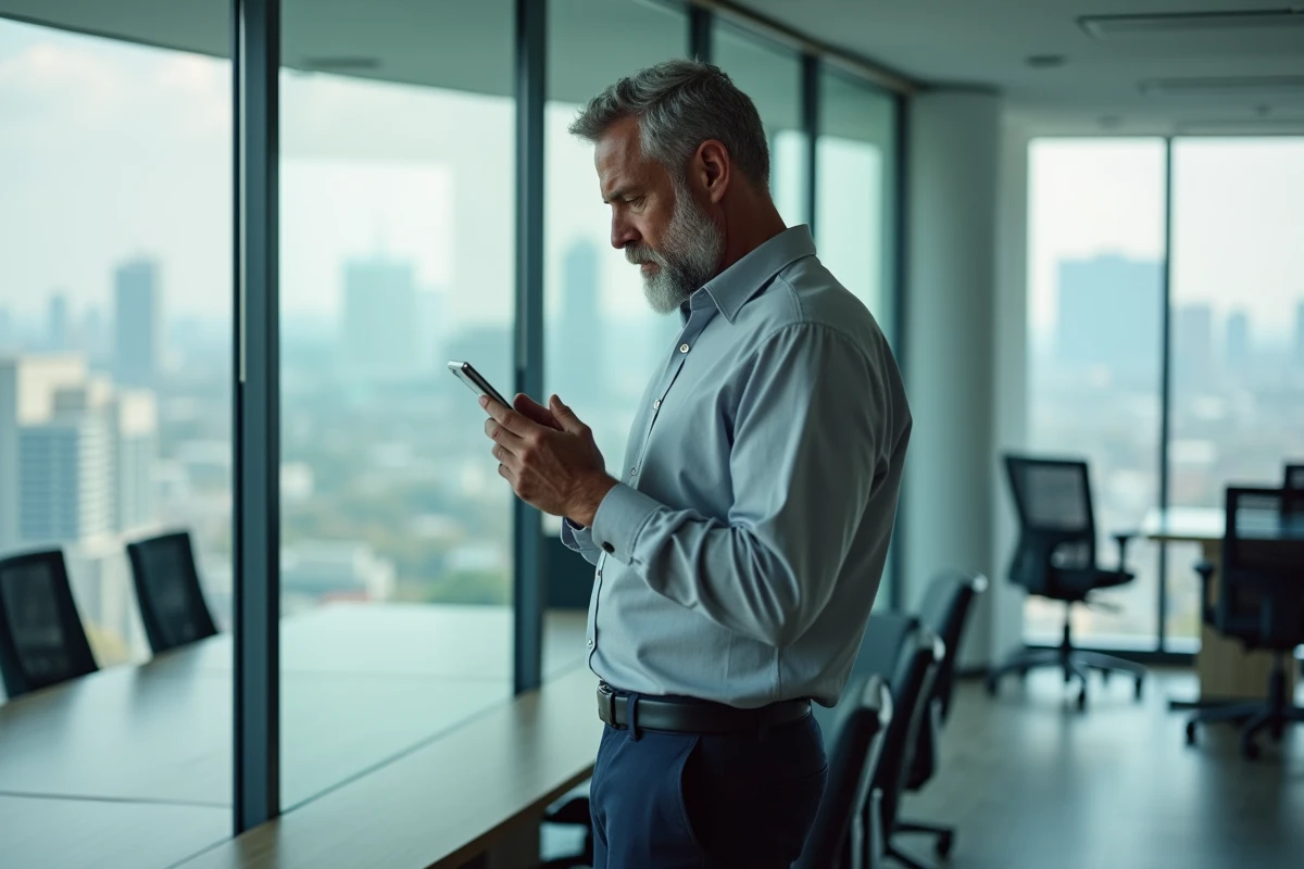 Homme d'affaires consultant le site infos-discriminations.fr sur son smartphone dans une salle de réunion d'entreprise