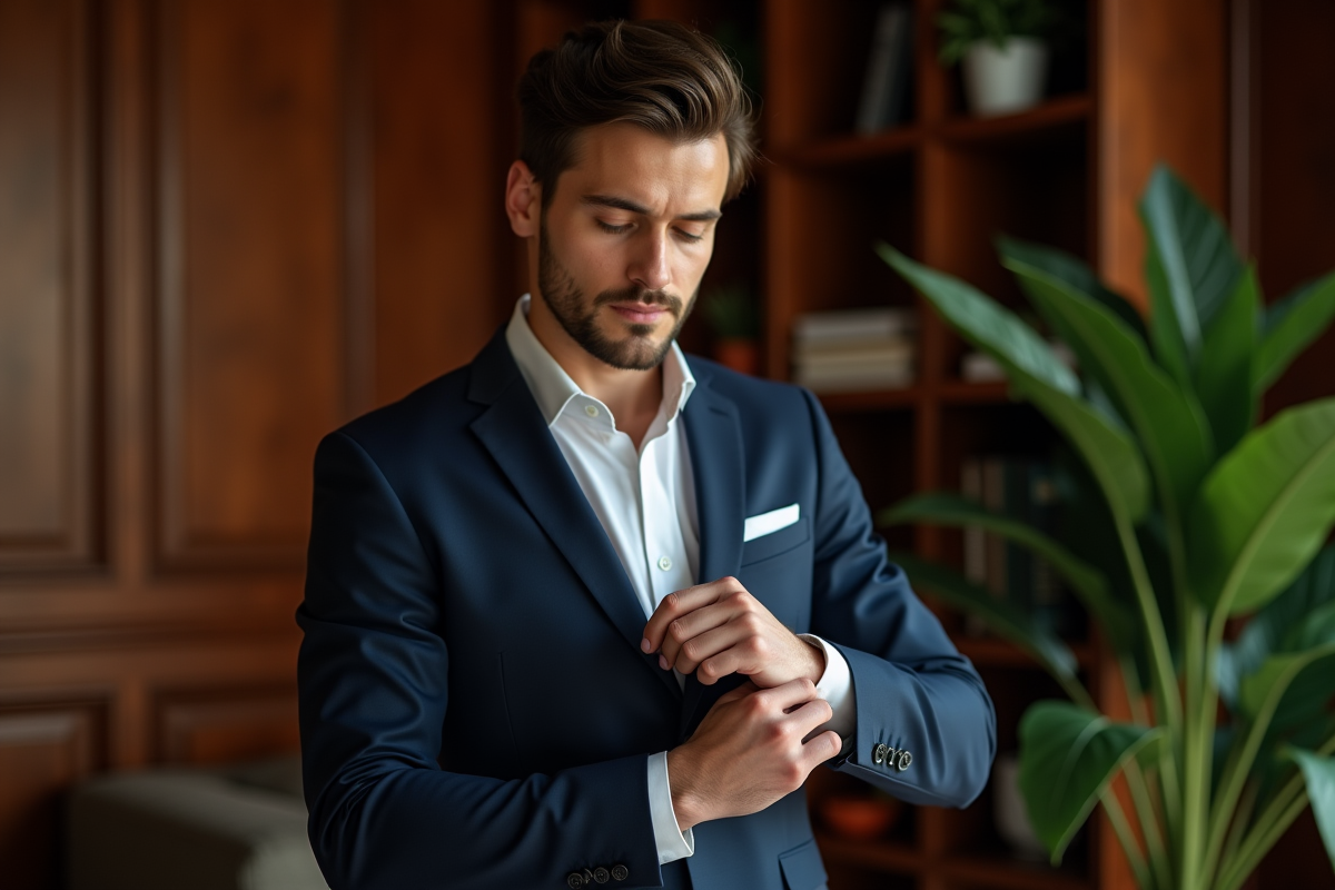 Homme en costume bleu ajustant ses manchettes dans un intérieur