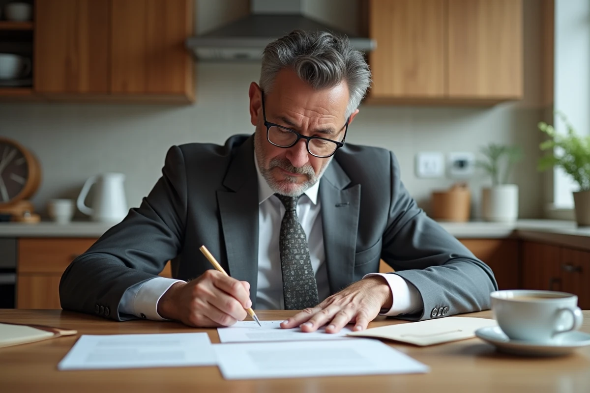 Homme écrivant une lettre dans une cuisine moderne et chaleureuse