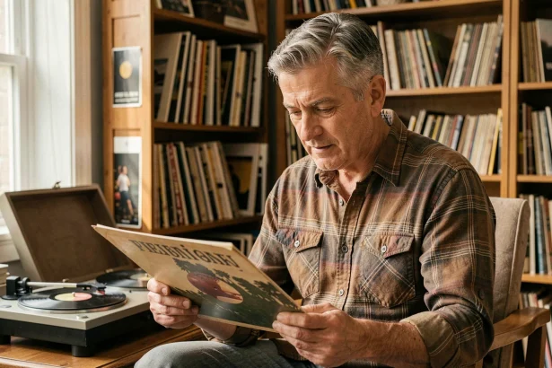 Homme examinant attentivement un vinyle rare dans son salon entouré d'une collection de disques vintage