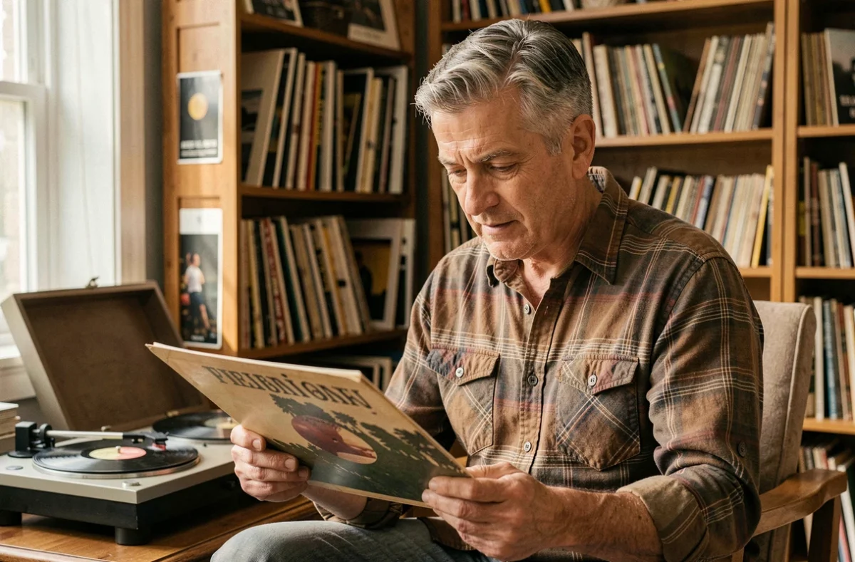 Homme examinant attentivement un vinyle rare dans son salon entouré d'une collection de disques vintage