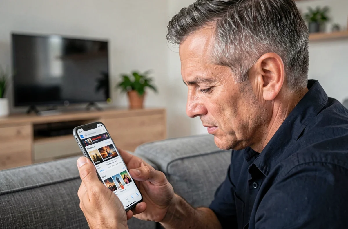 Homme enregistrant l'adresse d'un site de films en favori sur son smartphone dans un salon moderne