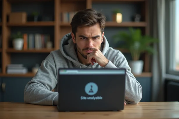 Homme frustré devant un écran d'ordinateur affichant une page d'erreur de site web bloqué