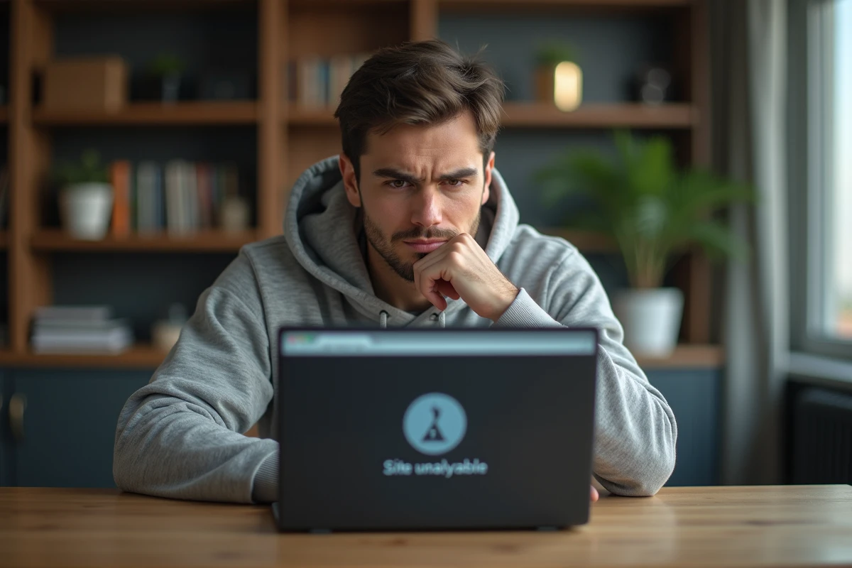 Homme frustré devant un écran d'ordinateur affichant une page d'erreur de site web bloqué