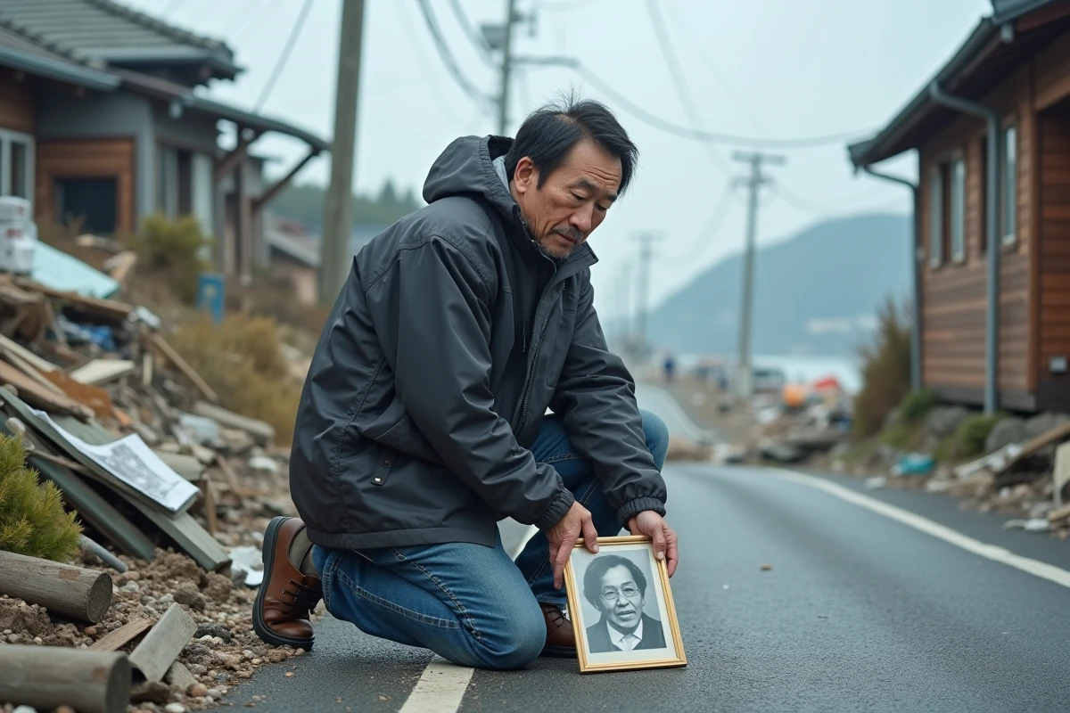 Homme japonais en imperméable tenant une photo de famille