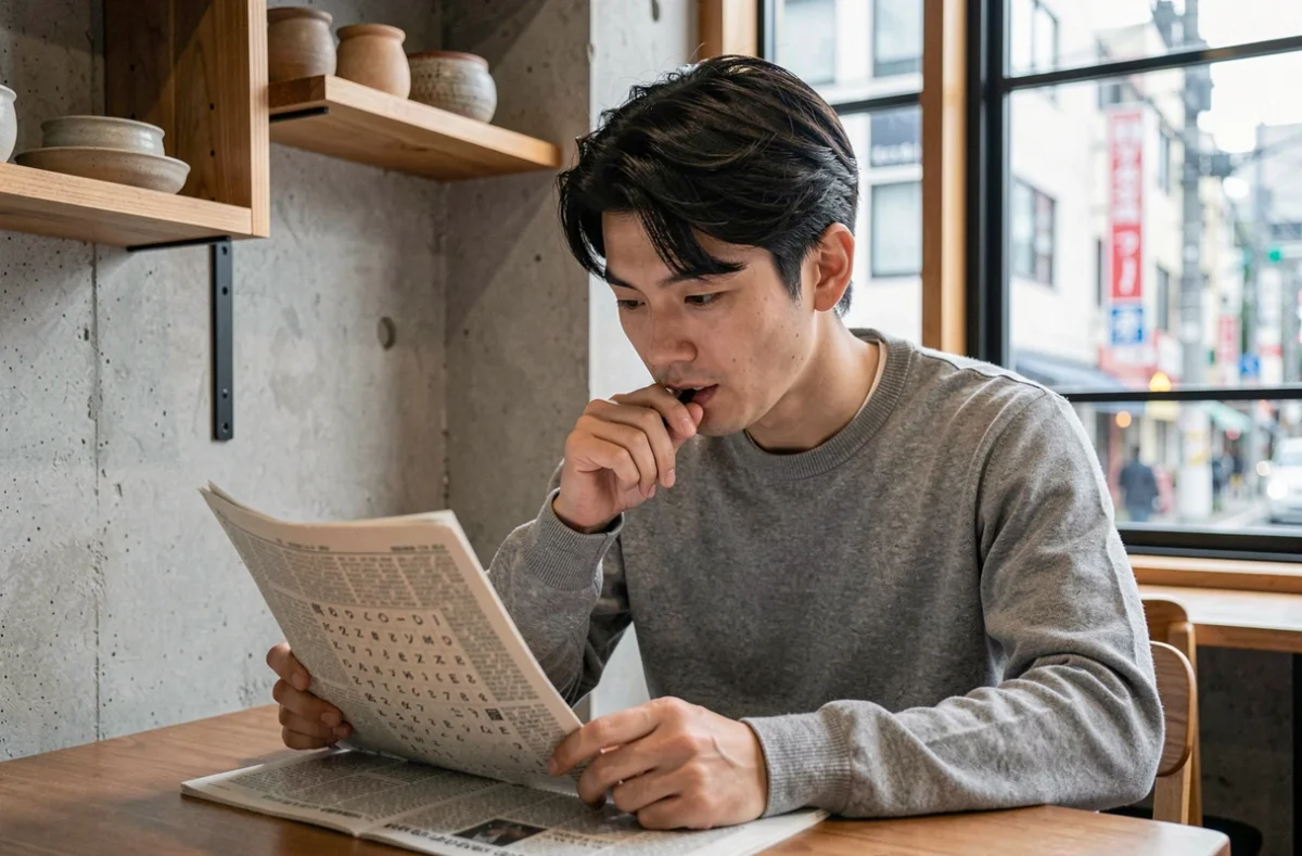 Jeune homme japonais résolvant un puzzle de mots dans un café moderne de Tokyo