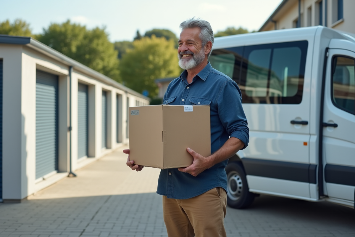 Homme déchargeant une boîte d’un van de location