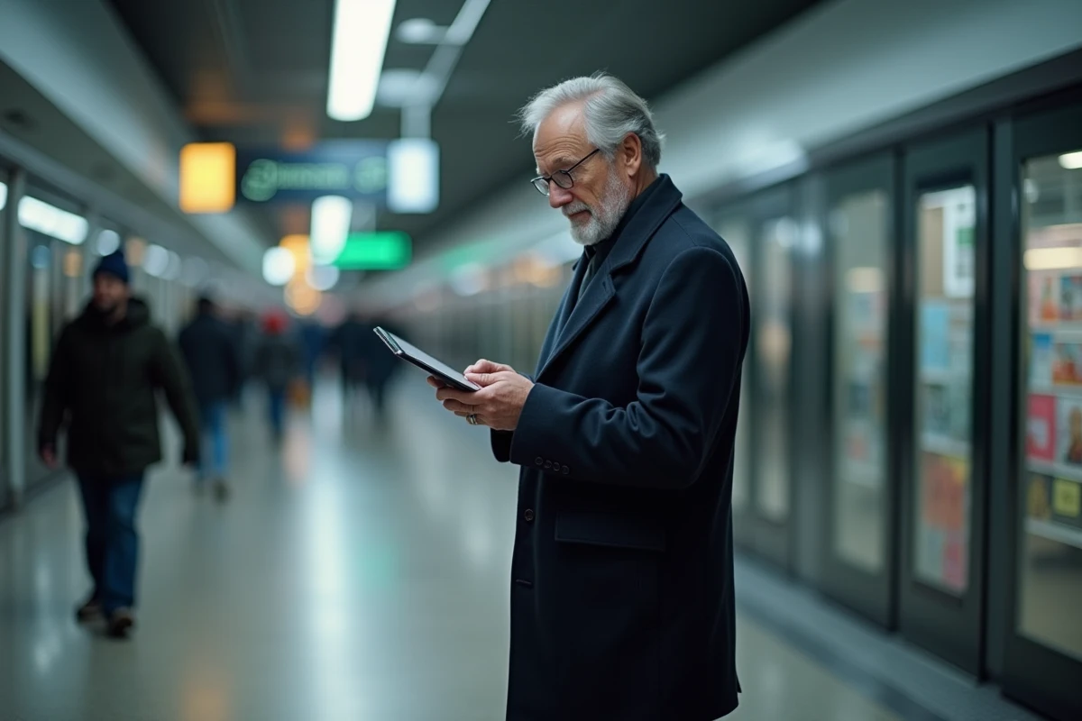Homme lisant un magazine sur tablette dans une gare urbaine moderne