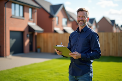Homme d'âge moyen devant une maison neuve en banlieue