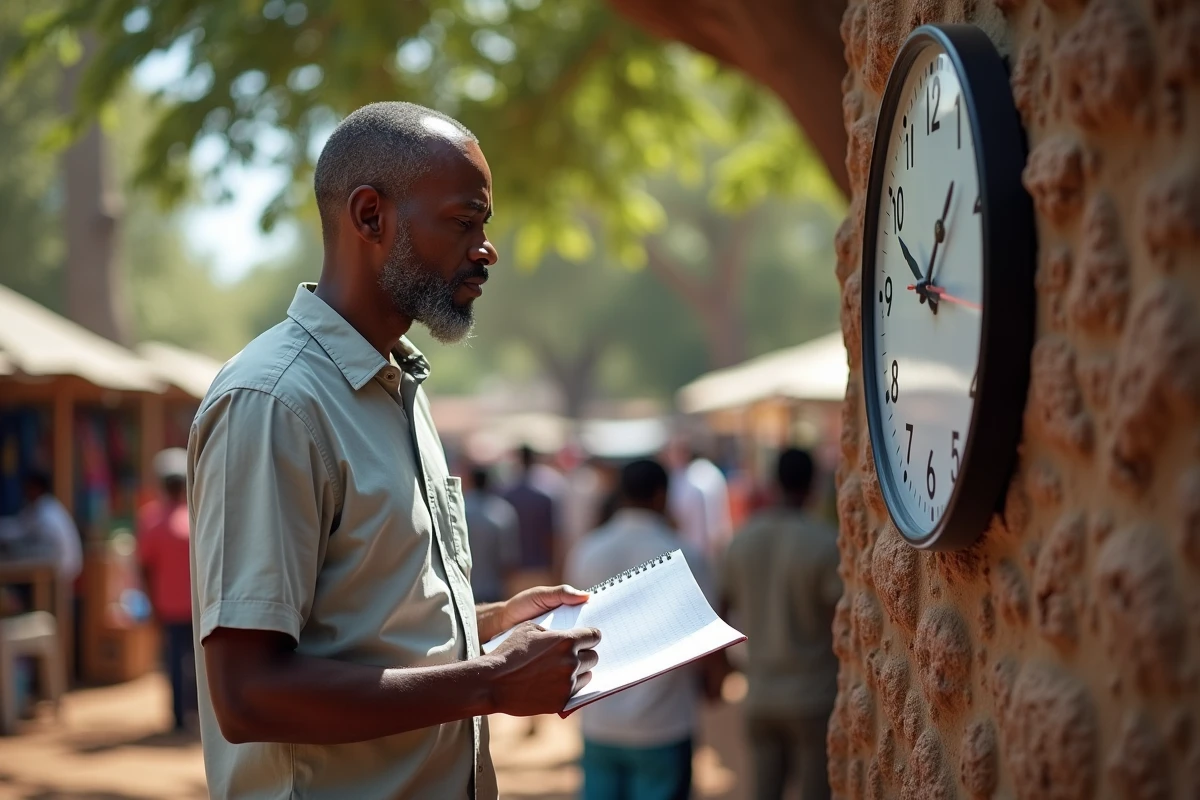 Homme malgache consultat un planning près d’un baobab