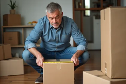 Homme mesurant une grande boxe en carton dans un salon