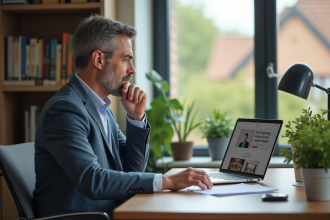 Homme d'affaires compare sites immobiliers dans un bureau moderne