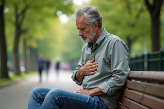 Homme d'âge moyen assis sur un banc dans un parc en ville, essoufflé