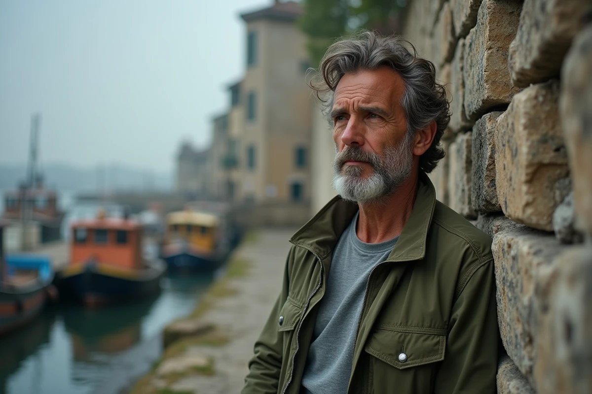 Homme pensif au regard mélancolique appuyé contre un mur en pierre d'un port français évoquant la nostalgie et le romantisme populaire
