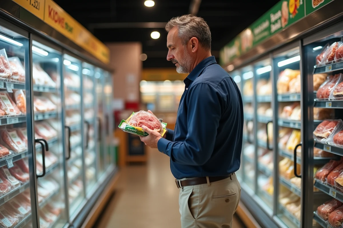 Homme regardant la section de charcuterie en supermarché