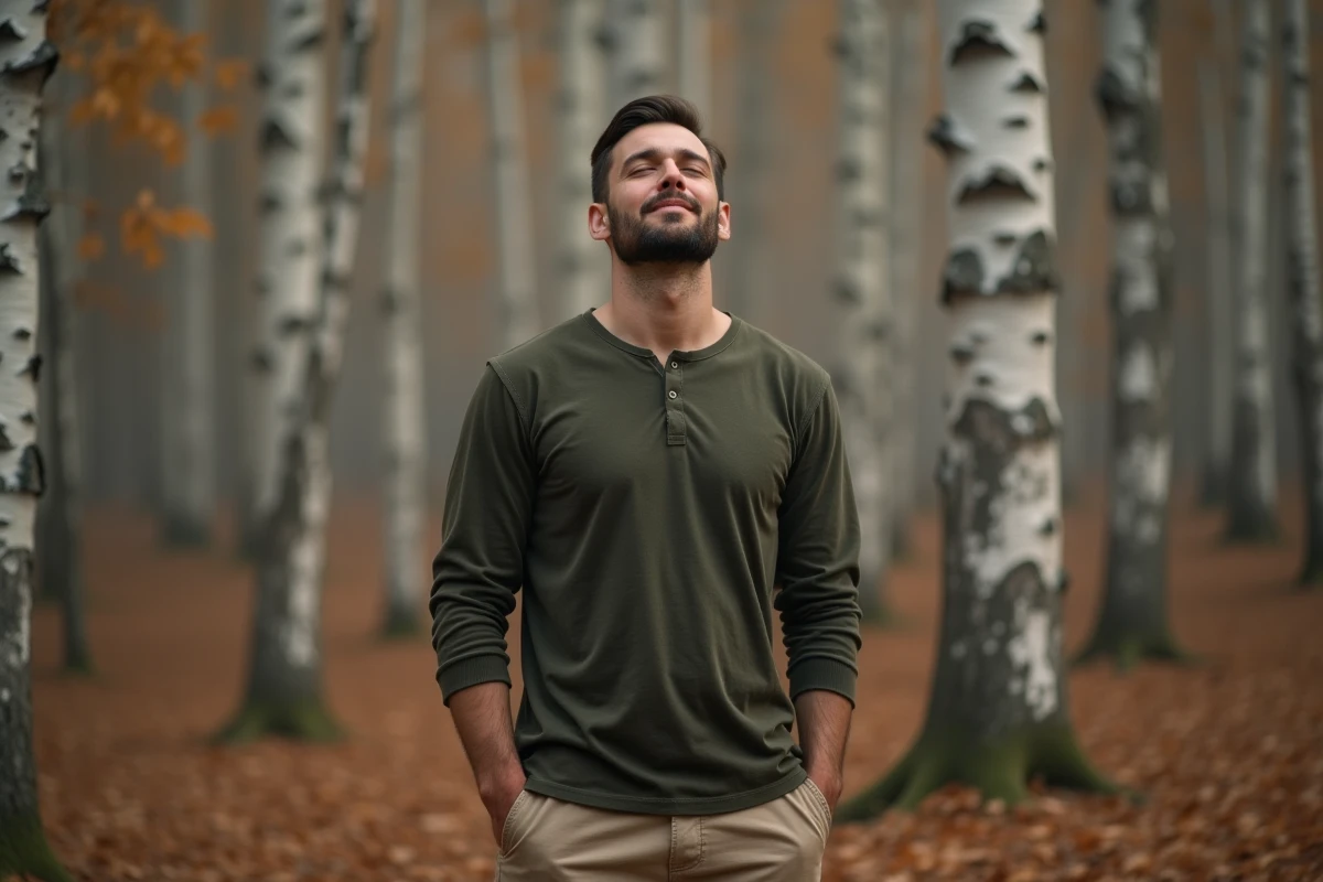 Homme les yeux fermés dans une forêt de bouleaux, visage tourné vers le ciel dans une posture de recueillement spirituel