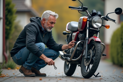Homme d'âge moyen répare une moto Honda 125 dans la cour