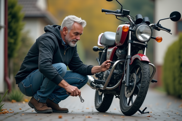 Homme d'âge moyen répare une moto Honda 125 dans la cour