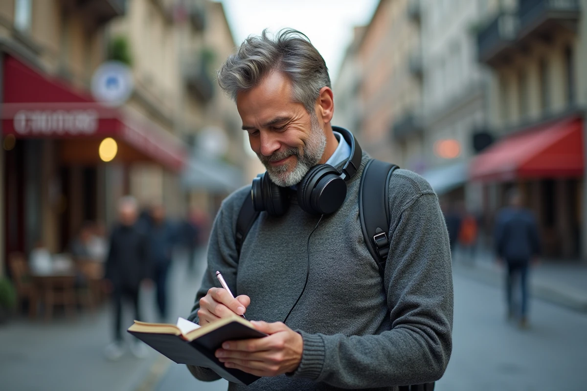 Homme en sweat note ses idées sur une rue urbaine