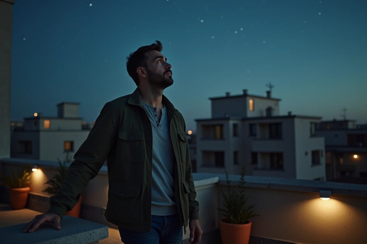 Homme seul sur un toit contemplatif sous un ciel étoilé la nuit, illustrant le message de l'univers à travers l'heure 22h55 et la quête spirituelle des flammes jumelles