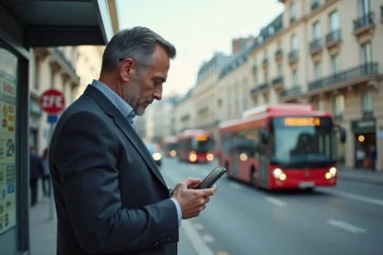 Homme d affaires dans la ville vérifiant son smartphone