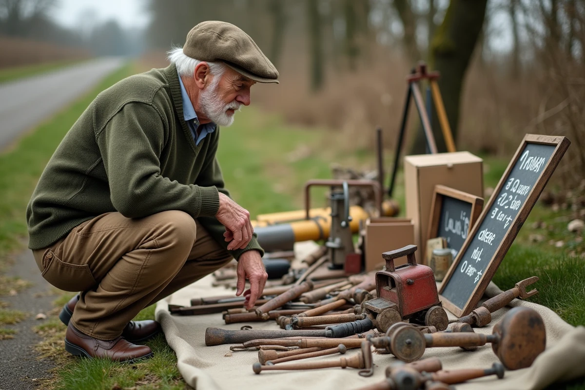 Homme âgé inspectant jouets anciens au vide grenier en Orne