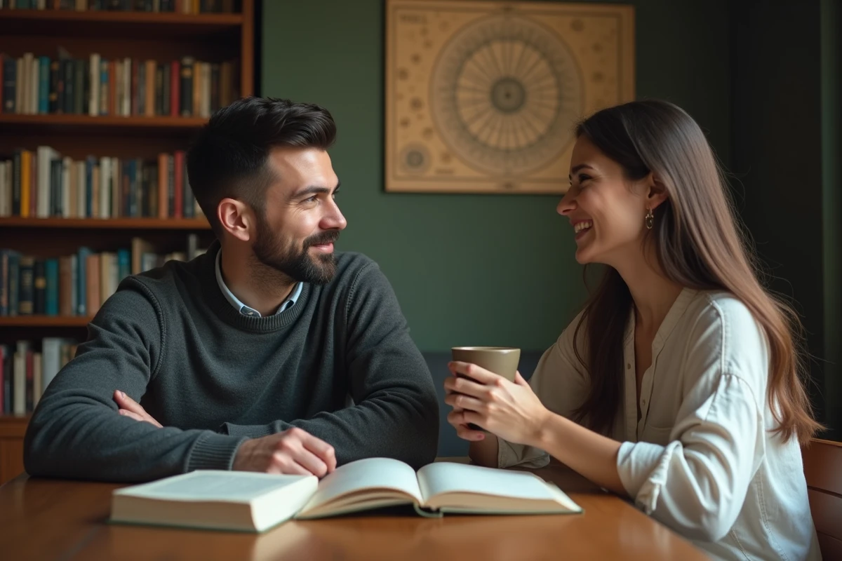 Homme Vierge assis à un bureau avec une femme complice dans une bibliothèque chaleureuse, illustration astrologie et compatibilité amoureuse