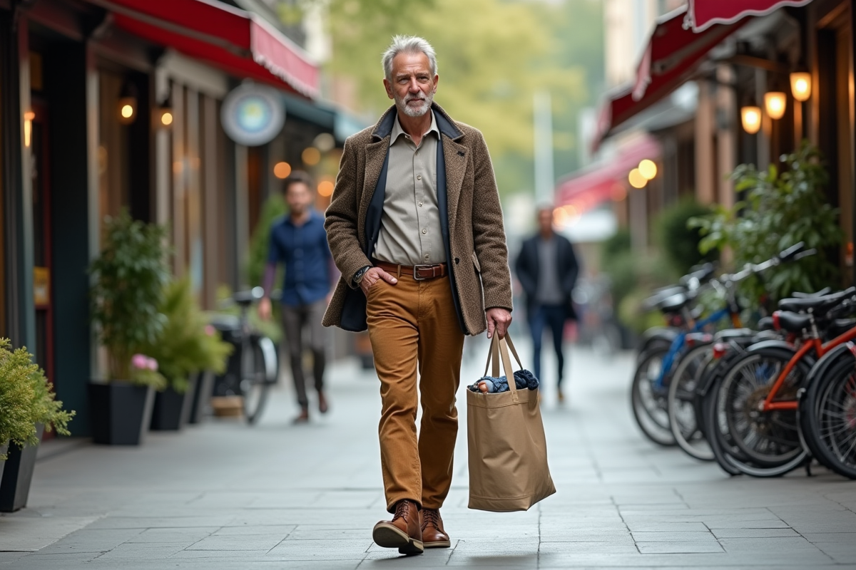 Homme en tweed marchant dans une rue urbaine dynamique