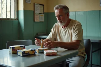 Homme en visite prison comptant des timbres fiscaux