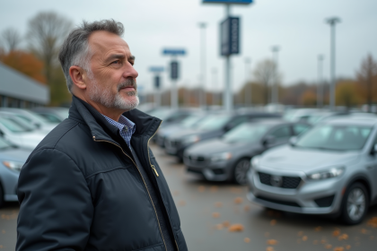 Homme d'âge moyen près de voitures d'occasion en concession