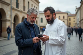 Deux hommes prient dans la ville de ManteslaJolie