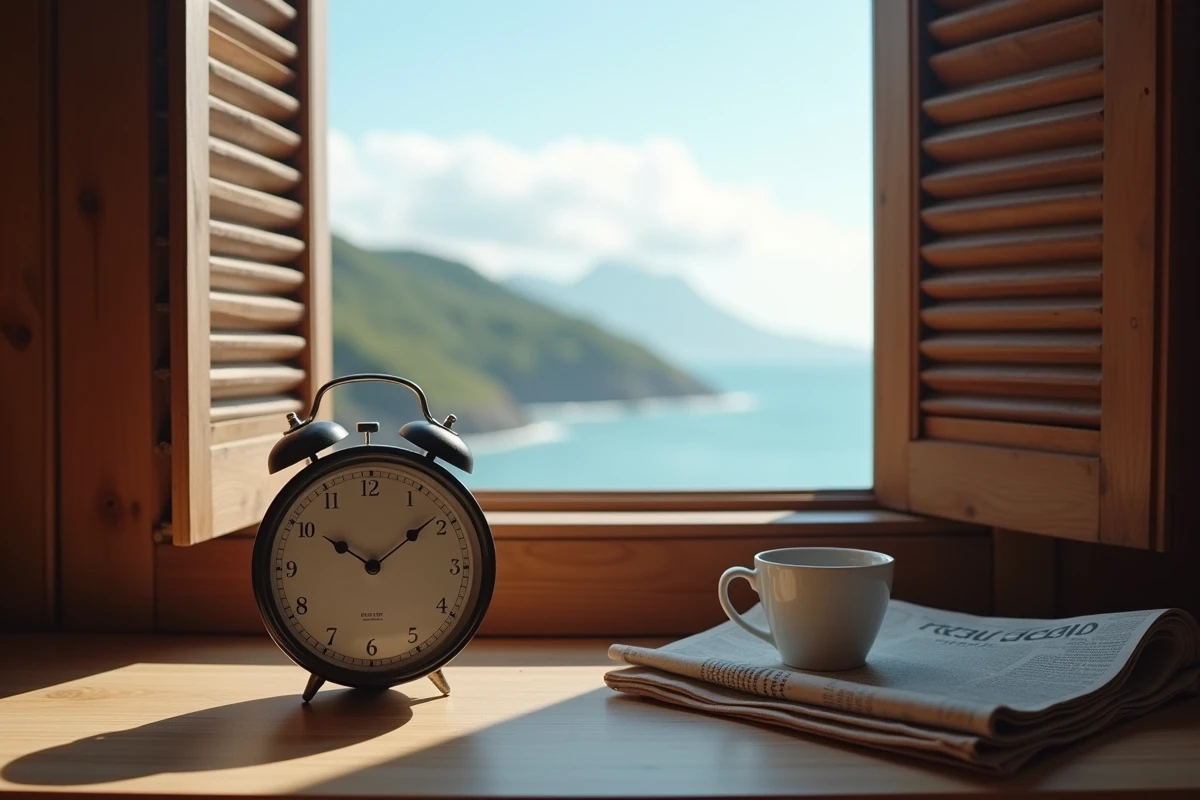 Horloge de bureau affichant l'heure locale de La Réunion posée près d'une fenêtre avec vue sur l'océan Indien