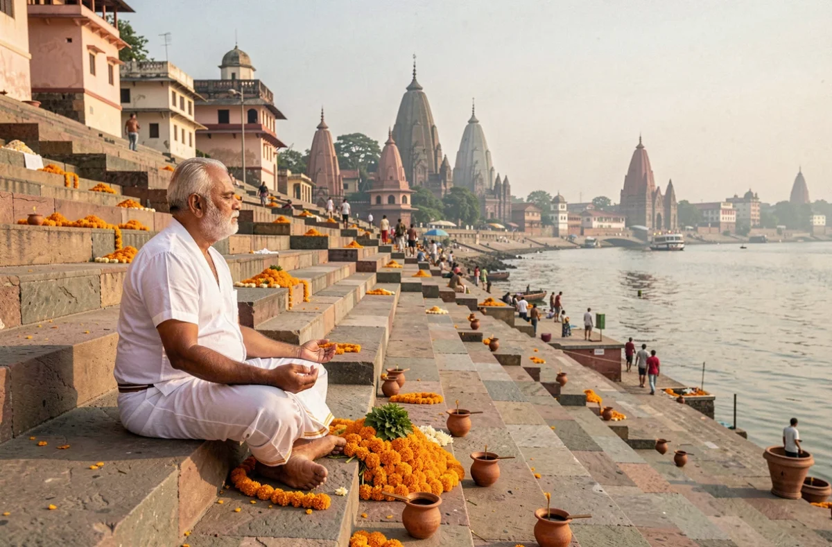 Homme méditant sur les ghats de Varanasi au bord du Gange avec des temples anciens en arrière-plan