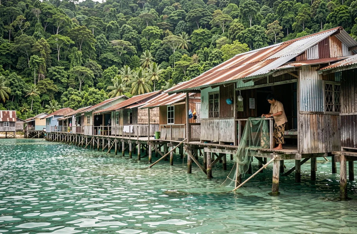 Village de pêcheurs indonésien sur pilotis au-dessus d'eaux turquoise avec la jungle verdoyante en arrière-plan à Raja Ampat
